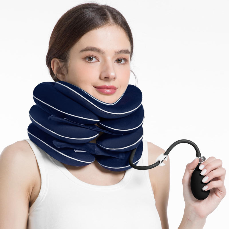 [Australia - AusPower] - Inflatable & Adjustable Neck Traction Device with Neck Brace,Portable Cervical Traction Device for Instant Neck Pain Relief,Perfect for Home,Office,and Travel(Dark Blue) Dark Blue 