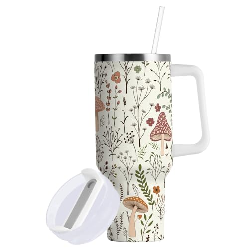 30 oz Tumbler with Straw & Handle - 2 in 1 Lids Leak Proof Tumblers - Large Insulated Stainless Steel Cup - BPA-Free Water Bottle Travel Metal Mug for Women Man, Cute Boho Mushroom Botanical Mushrooms Botanical Mushroom 30 Ounces