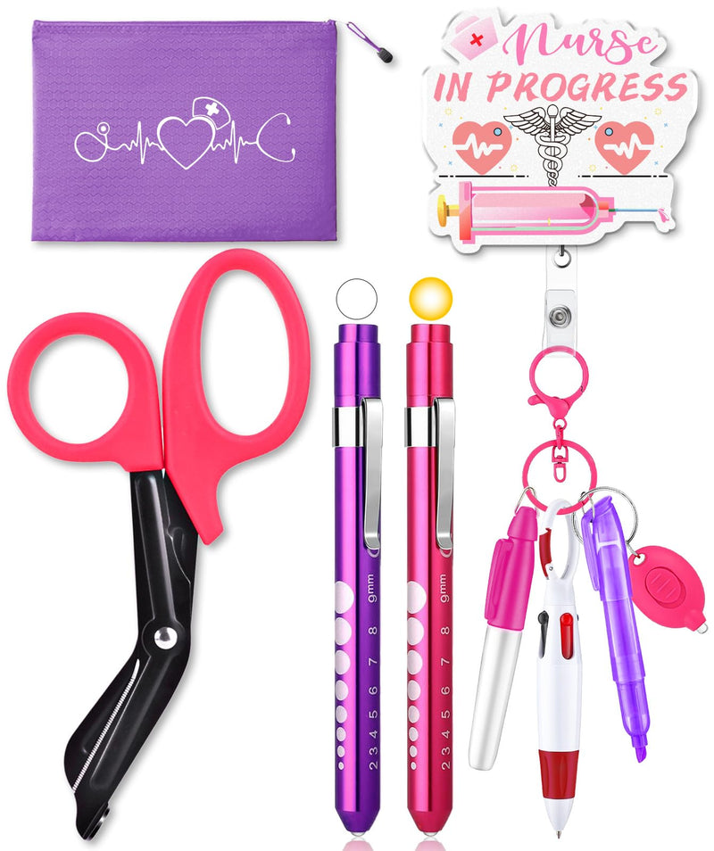 [Australia - AusPower] - 10 Pack Nurse Tools Set, Purple Nurse Accessories for Work with 1 Trauma Bandage Shear, 2 LED Pen Lights, 3 Pens(Marker, Ballpoint, Highlighter), 1 Flashlight, 1 Badge, 1 Keychain and Packaging Bag 