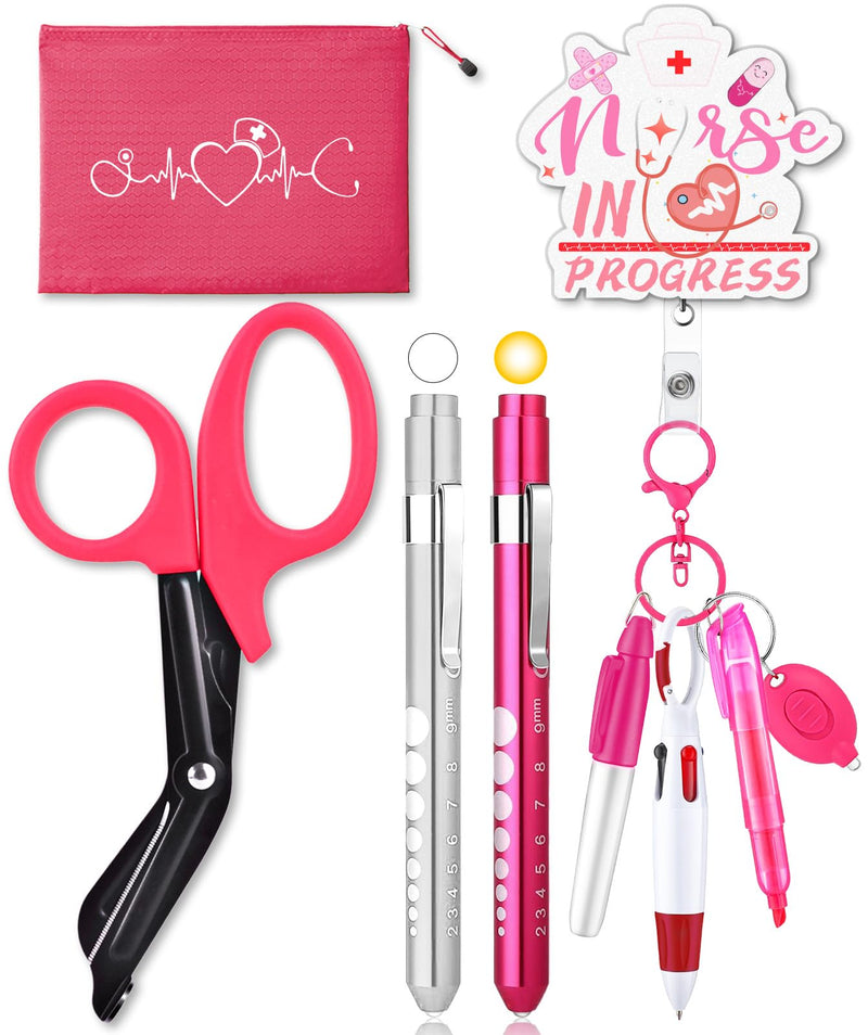 [Australia - AusPower] - 10 Pack Nurse Tools Set, Pink Nurse Accessories for Work with 1 Trauma Bandage Shear, 2 LED Pen Lights, 3 Pens(Marker, Ballpoint, Highlighter), 1 Flashlight, 1 Badge, 1 Keychain and Packaging Bag 