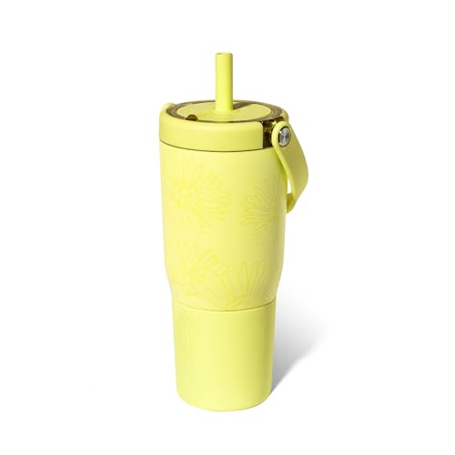 BrüMate Resa 25oz 100% Leakproof Travel Tumbler w/Handle & Straw | Flexible SoftSip Straw | Silicone Sleeve for Durability | Stainless Steel | Cup Holder & Travel Friendly Water Bottle (Citrus Daisy)