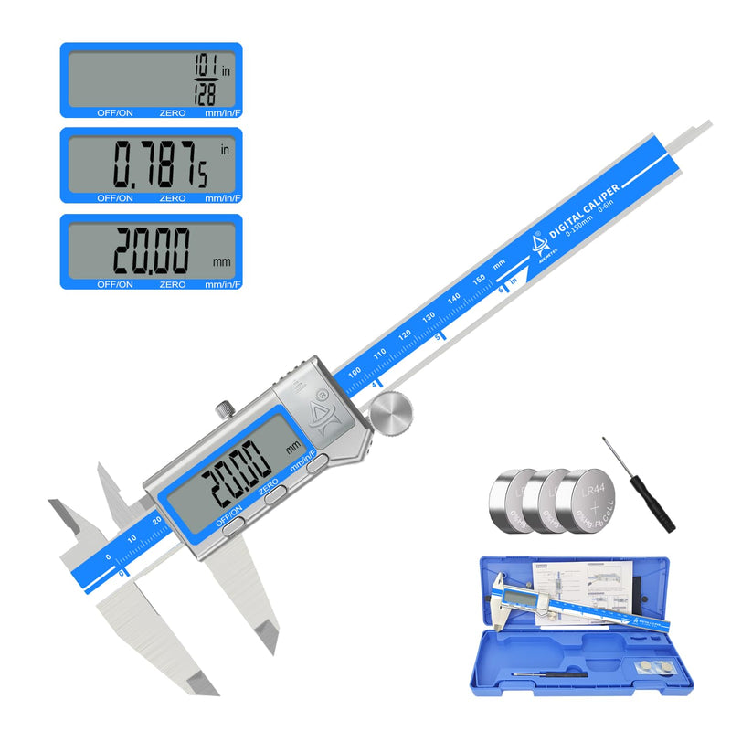 Digital Caliper 6 Inch Measuring Tool Stainless Steel Vernier Caliper Digital Micrometer with Large LCD Screen,Auto-Off Feature, Inch/Millimeter/Fraction Conversion Measuring Tool Caliper