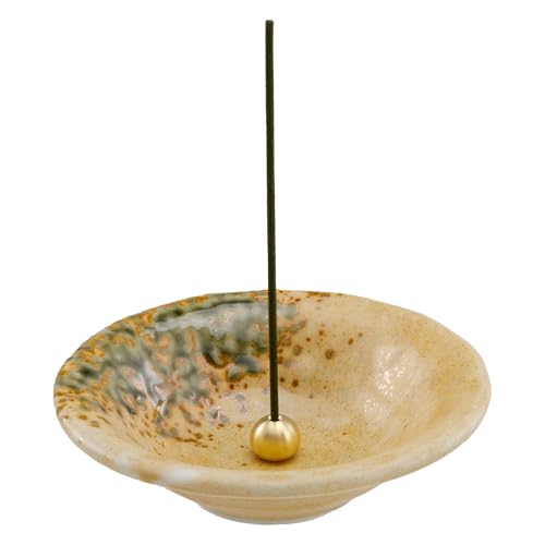 Asayu Japanese Small Incense Holder for Sticks 4.88 inch (124mm), Traditional Made in Japan Ceramic Ash Catcher and Brass Incense Burner Set - Light Orange