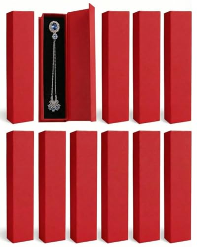 Jewelry Gift Box, 12 Pack Velvet Lined Style Box for Necklace & Bracelet Organizer Elegant Jewelry Storage Box for Gift Giving Flip-Up Design Ring & Necklace Packaging, 8.3x1.8x1.4 Inches (Red) Red