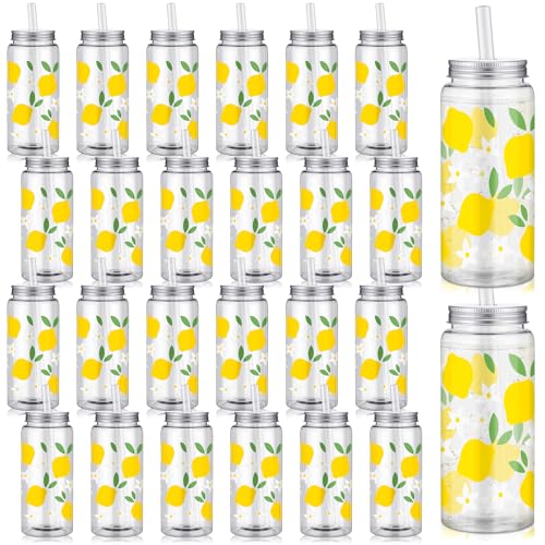 SiliFine 24 Pcs Lemon Party Favors Lemonade Cups with Lids and Straws