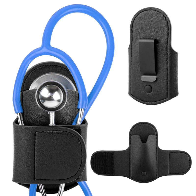 [Australia - AusPower] - PU Leather Stethoscope Holder Hip Clip Compatible with Littmann and Most Stethoscopes, Portable Stethoscope Holster Clip for Scrubs Belt and Pocket, Black 