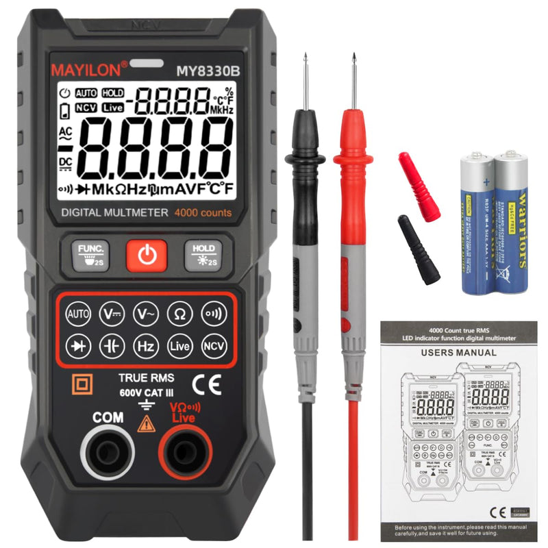 [Australia - AusPower] - Multimeter TRMS 4000 Counts Digital Multimeter DC AC Voltage Tester Auto-Ranging Voltmeter with NCV Live Wire Resistance Frequency Capacitance Continuity Diode Temp for Auto/Home/Electrical MY8330B MY8300B 