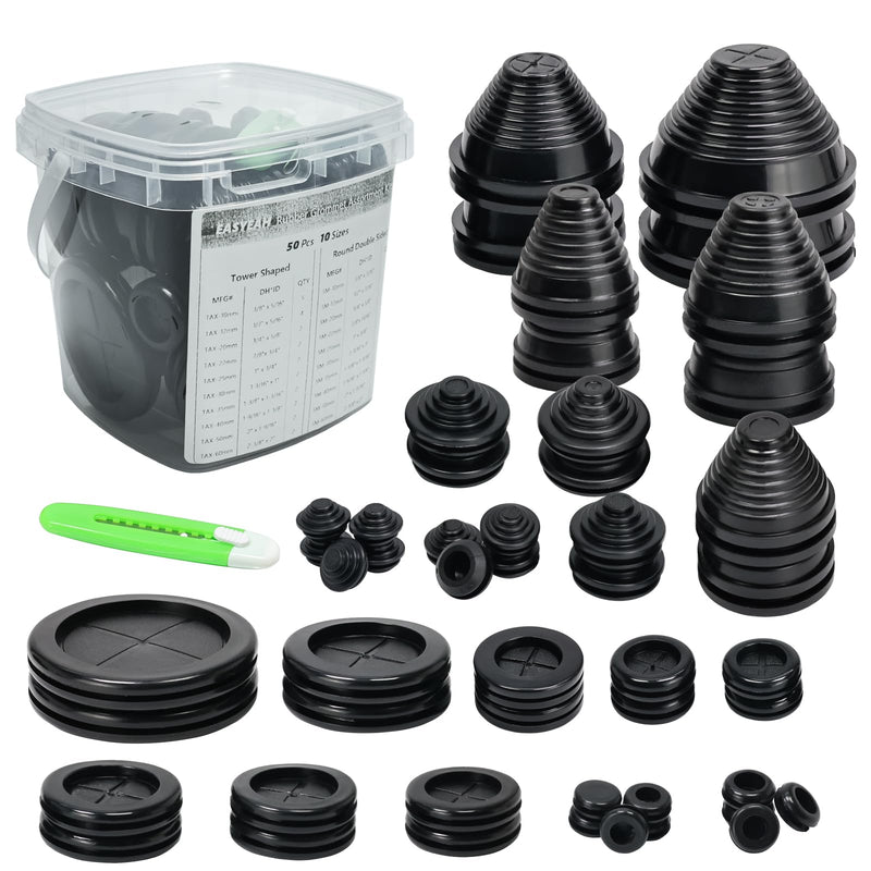 [Australia - AusPower] - 50 Pcs 10 Sizes Rubber Grommet Kit-Tower Shaped and Round Rubber Hole Plug, Firewall Automotive Wire Grommets Boat Desk Hole Cover Cable Cord Organizer 3/8 1/2 13/16 7/8 1 1-3/16 1-3/8 1-9/16 2 2-3/8 #50pcs, 10 Sizes Tower Shaped 