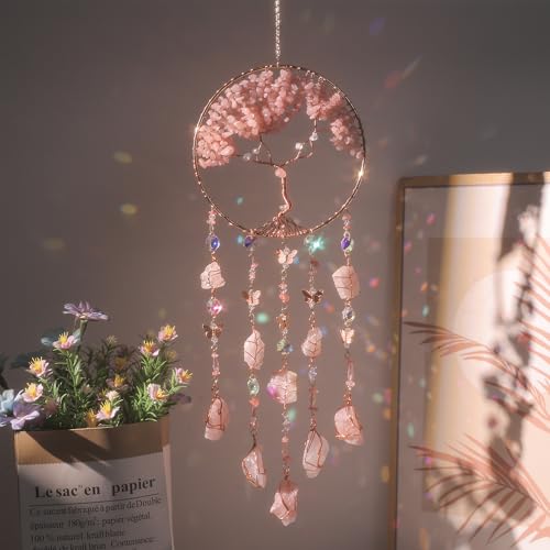 Rose Quartz Dream Catchers for Adults Crystal Suncatchers for Windows Pink Agate