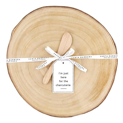 Santa Barbara Design Studio Charcuterie Cheese Board Round Wood Slice Serving Tray and Spreader Gift Set, 12" Dia x 1.25" H, Here For The Charcuterie