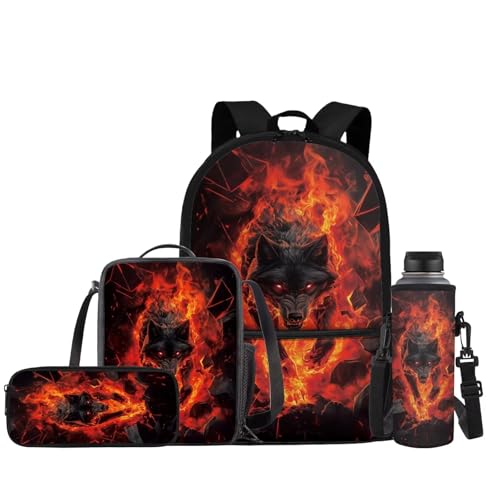 JEOCODY Kids Backpack Set 4 Piece School Bag with Lunch Bag Pencil Case Water Bottle Holder for Boys and Girls Cool Fire Wolf Printedd