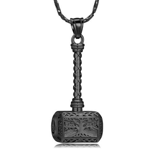 Imrsanl Viking Thor's Hammer Urn Necklace for Ashes Tree of Life Cremation Jewelry Ashes Holder Keepsake Human Memorial Pendant for Women Men Black