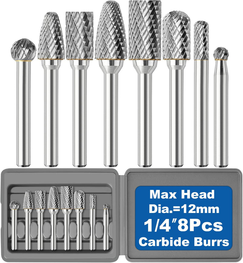 [Australia - AusPower] - Sworker 8Pcs Carbide Burr Set 1/4 Shank w/Grey Flat Box Max Head Dia 12mm Die Grinder Bits Rotary Tools Attachment Kit Accessories Metal Wood Stone Steel Grinding Deburring Cutting Porting Carving Grey Case 