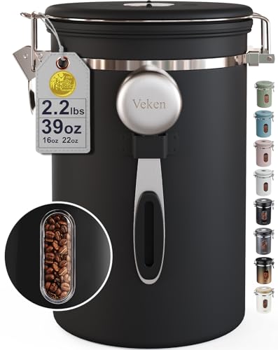 Veken Coffee Canister with Window, 39OZ Large Airtight Stainless Steel Jars Black 39 oz