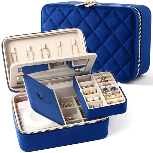 Velvet Travel Jewelry Organizer Case with Large Mirror for Women Navy Blue