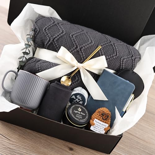 Thoughtful Comfort Care Package for Men & Women - Grey & Navy Gift Box with Knitted Blanket, Ceramic Mug & Positive Potato - Versatile Thinking of You or Birthday Gift