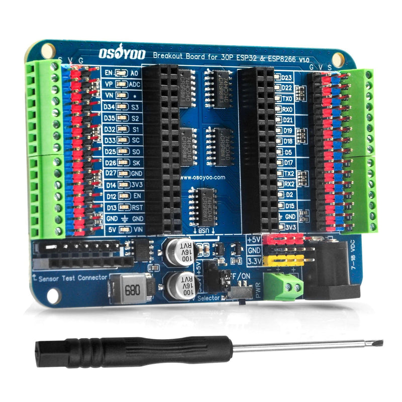 OSOYOO 30P ESP32 & ESP8266 Shiled Breakout Board Terminal Block Shield HAT with Pin Header, 5V 3.3V Power Outputs, GPIO Status LED 30P ESP32&ESP8266 Shiled Breakout Board
