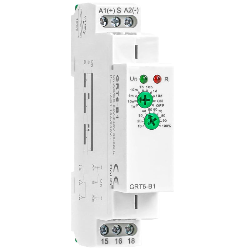Delay Off Time Relay GRT6-B1 10A Adjustable Smart Relay, Delay Turn Off Electronic Timer in Din Rail, 0.1s-10 Days Wide Range Delay Factory Automation Time Universal Voltage AC DC 24V 240V GRT6-B1 AC/DC 24V-240V