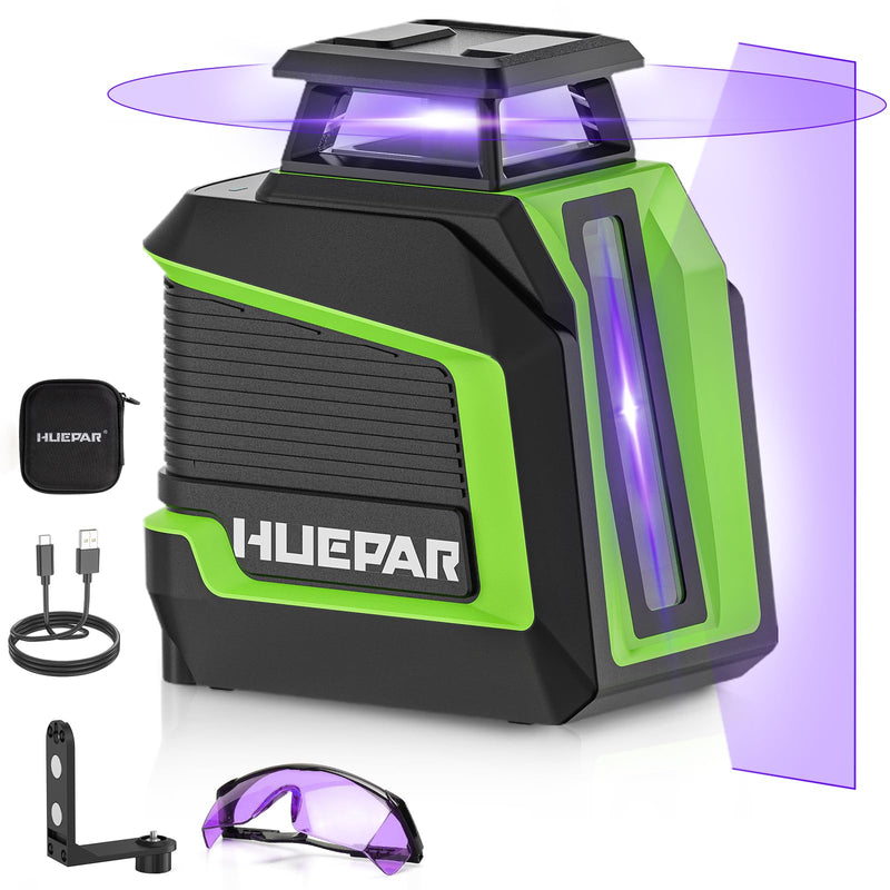 Huepar 360° Laser Level, 82Ft - 165Ft Self Leveling Laser Level with Pulse Mode, 3 Brightness Levels Rechargeable Li-ion Battery Purple Line Laser Leveler Tool for DIY Indoor Project D011c-p