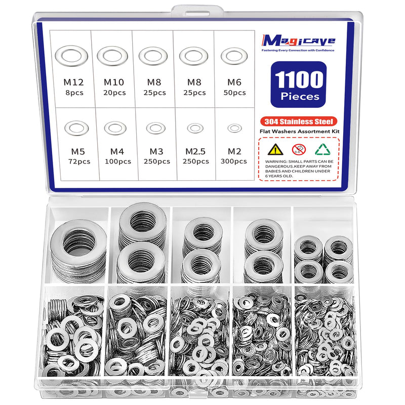 [Australia - AusPower] - 1100 Pcs Flat Washers Assortment Kit – 304 Stainless Steel, 9 Metric Sizes (M2–M12), Metal Washers for Screws and Bolts – Ideal for Automotive, Construction, Industrial, and DIY Use Flat Washers-1100Pcs 