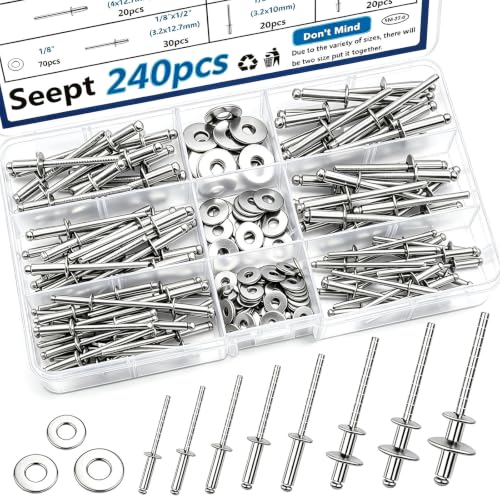 Seept stainless steel blind rivets with washers assortment kit in seven sizes, silver finish