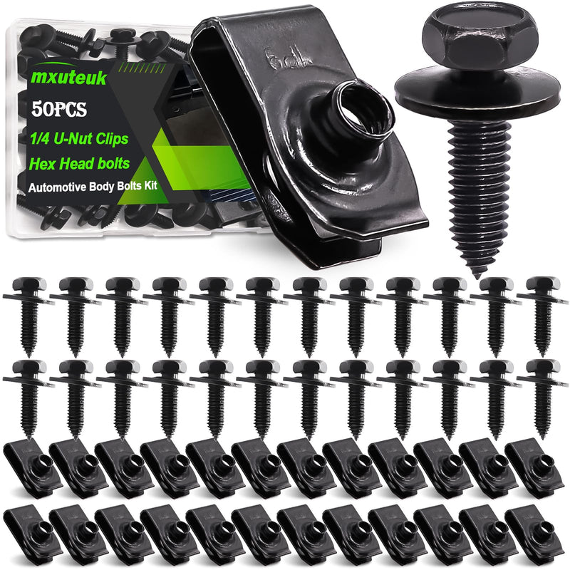 [Australia - AusPower] - mxuteuk 50PCS 1/4 U-Nut Clips & Hex Head Automotive Body Fender Bolts Kit,for Most Cars Fender,Engine Undertray Cover, Engine Cover & Bumper Fender Liner 