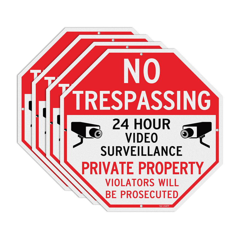 T&R Large No Trespassing Private Property Sign Video Surveillance Sign - 4 Pack - 12"x12" .040 Rust Free Heavy Aluminum, Reflective, Waterproof, Weatherproof and Fade Resistant, 4 pre-drilled holes, Easy to Mount RED - 12"x12" - 4 Pack