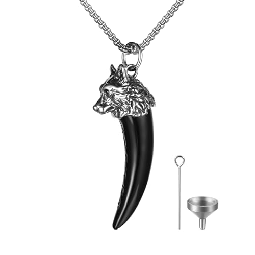 OIDEA Wolf Tooth Urn Necklaces for Ashes: Viking Wolf Cremation Jewelry for Ashes Stainless Steel Ash Necklace for Human Ashes Memorial Keepsake Jewelry Gifts a.black-urn