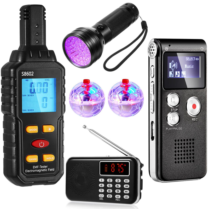 [Australia - AusPower] - Dunzy 6 Pcs Ghost Hunting Equipment Kit Includes 1 Electromagnetic Paranormal Radiation Detector 1 8gb EVP Digital Recorder 1 Hand Held Radio 1 UV Flashlight 2 LED Light up Cat Balls 