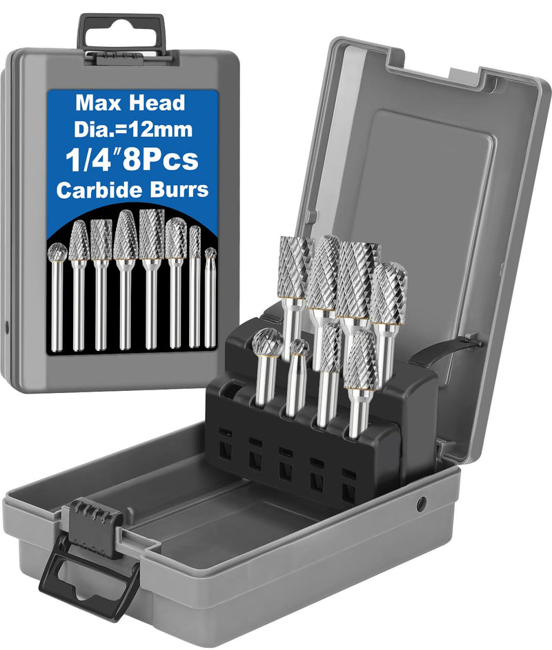 [Australia - AusPower] - Sworker 8Pcs Carbide Burr Set 1/4 Shank w/Grey Box Max Head Dia 12mm Die Grinder Bits Rotary Tools Attachment Kit Rasp Accessories Metal Wood Stone Steel Grinding Deburring Cutting Porting Carving 