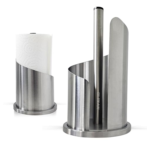 Stainless Steel Paper Towel Holder Countertop, Modern Covered Design, Weighted Base for Stability, Freestanding Easy One-Handed Operation for Kitchen & Bathroom (Brushed Silver)