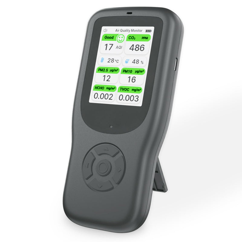 [Australia - AusPower] - 11-in-1 Air Quality Monitor - Portable Indoor Air Quality Detector with Stand, Real-Time Test for AQI, CO2, PM2.5, PM1.0, PM10, TVOC, HCHO, Particles, Temperature & Humidity with Aler (Black-White) Black-White 