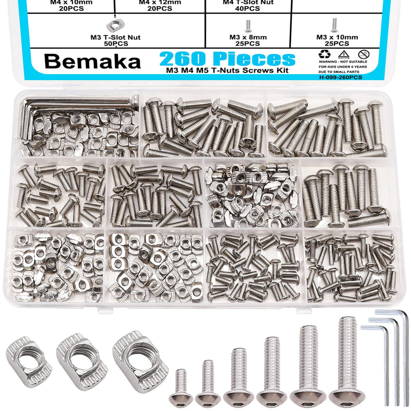 [Australia - AusPower] - 260PCS M3 M4 M5 T Nuts Screws Kit, T Slot Nuts Hammer Head Fastener with Nickel Plated Carbon Steel Button Head Screws for 2020 Series Aluminum Extrusion Profile 