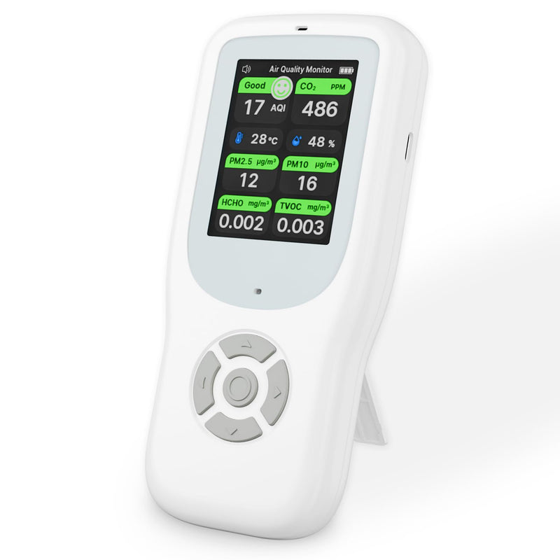 [Australia - AusPower] - 11-in-1 Air Quality Monitor - Portable Indoor Air Quality Detector with Stand, Real-Time Test for AQI, CO2, PM2.5, PM1.0, PM10, TVOC, HCHO, Particles, Temperature & Humidity with Aler (White-Black) White-Black 