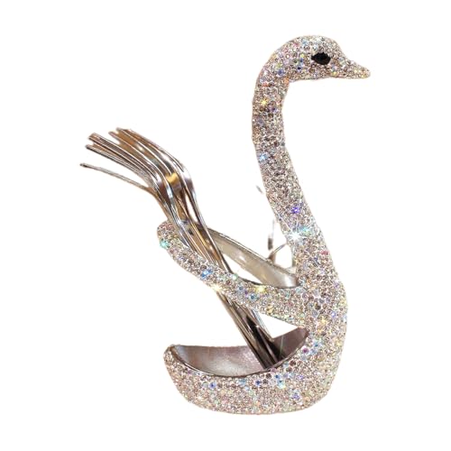Luxury Crystal bling 304 Stainless Steel Fruit Forks - Rhinestone Metallic Elegant Swan Design Cake Fork Set for Home Use (Silver) Silver