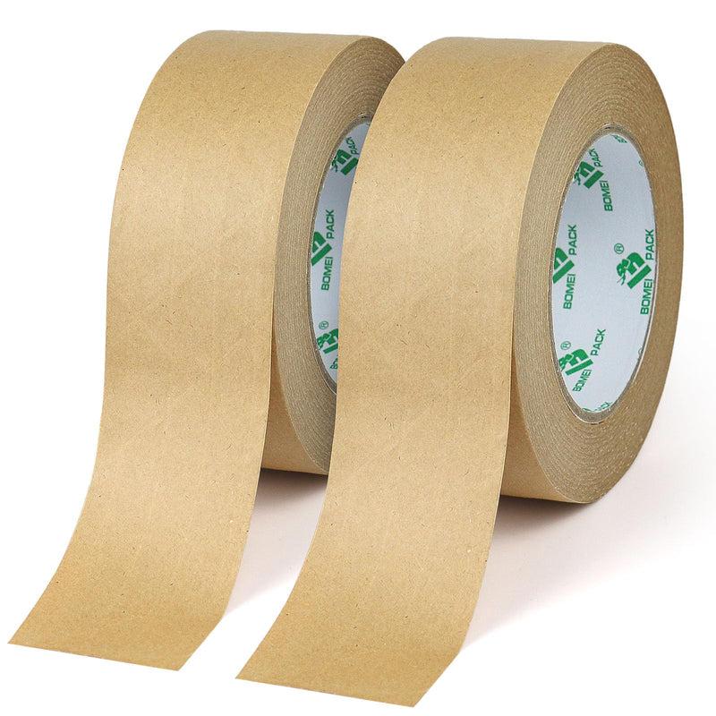 BOMEI PACK Reinforced Paper Packing Tape 2inch, Biodegradable Self Adhesive Gummed Kraft Paper Shipping Tape, for Heavy Duty Packing, Shipping, Moving and Storage, 2Rolls x 50yds