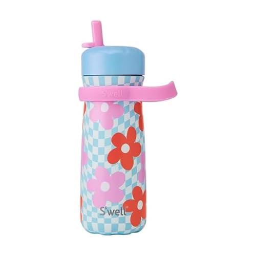S'well Stainless Steel Kids Traveler with Flip Straw Lid, 16oz, Pink Petal, Triple Layered Vacuum Insulated Containers Keeps Drinks Cold for 24 Hours, BPA Free, Easy Carrying On the Go 16 Ounces