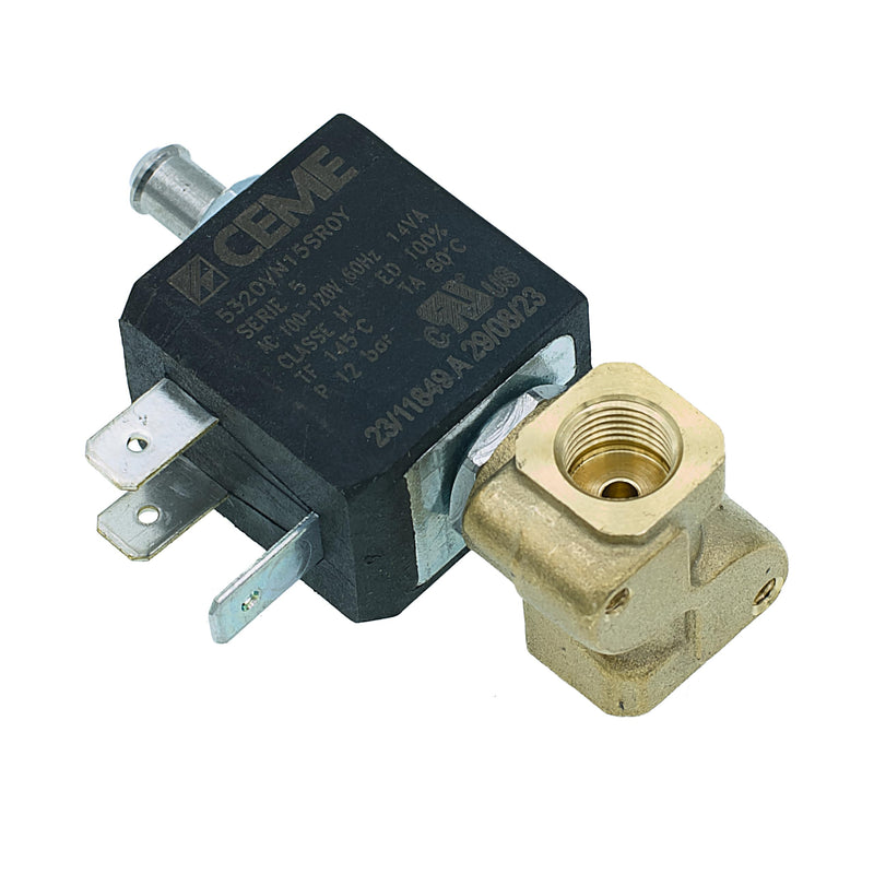 MacMaxe 120V Three-Way Solenoid Valve – Model 5320, 1/8" F x 1/8" F, 7mm Outlet, 12 Bar Max, FKM Seal, 14VA Coil (100/120V 60Hz), Espresso Machine Replacement Part
