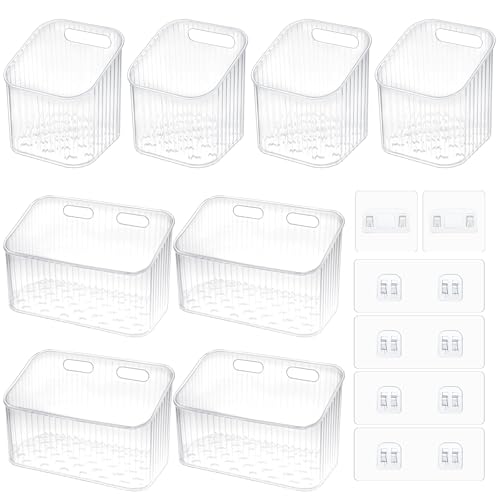 Set of 8 clear Zyghjort wall-mounted shower caddies for bathroom storage, with open baskets for organizing toiletries.