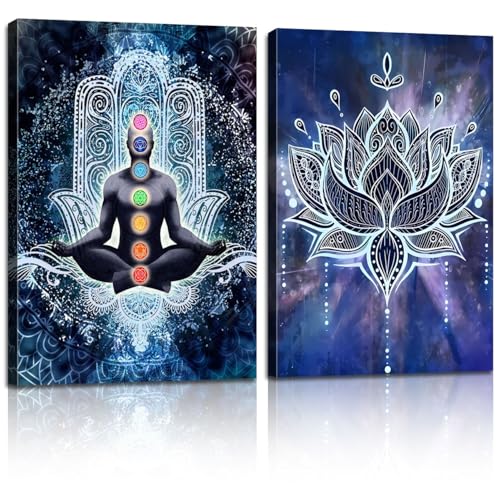 2 Pcs Framed Spiritual Canvas Wall Art Mural Chakra Meditation Poster Lotus Mandala Printed Zen Yoga Artwork Used Mindfulness Therapy Posters Bohemian Picture Home Decoration Gallery Wrapping 12X16Inch Blue Yoga Meditation