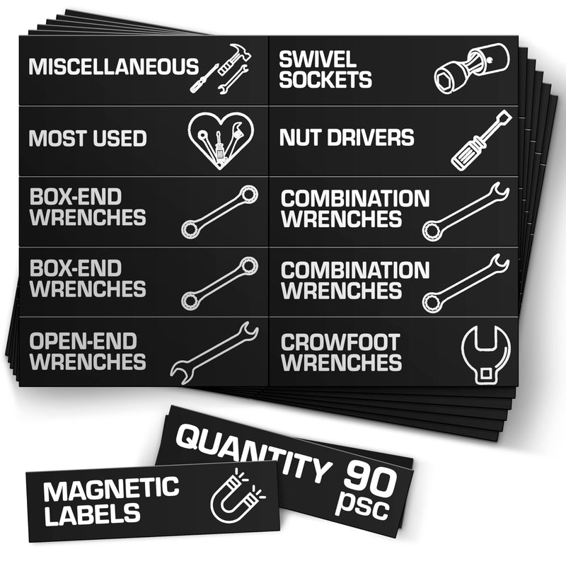 [Australia - AusPower] - 90 Pcs Magnetic Tool Box Labels 3.5x1 inch - Magnetic Toolbox Labels for Tool Box Drawers Strong Magnet Toolbox Organizer Chest Black Pre-Printed & Blanked Emblems for Organization - Toolbox Emblems 90 Black 3.5"x1" 