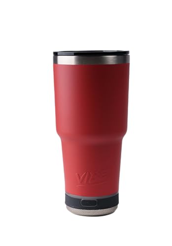 Vibe Tumbler with Bluetooth Speaker, Insulated Stainless Steel Travel Cup with Lid, Hot and Cold Drink Cup, Removable Speaker with Microphone, Portable Music Tumbler, 28 oz, Red