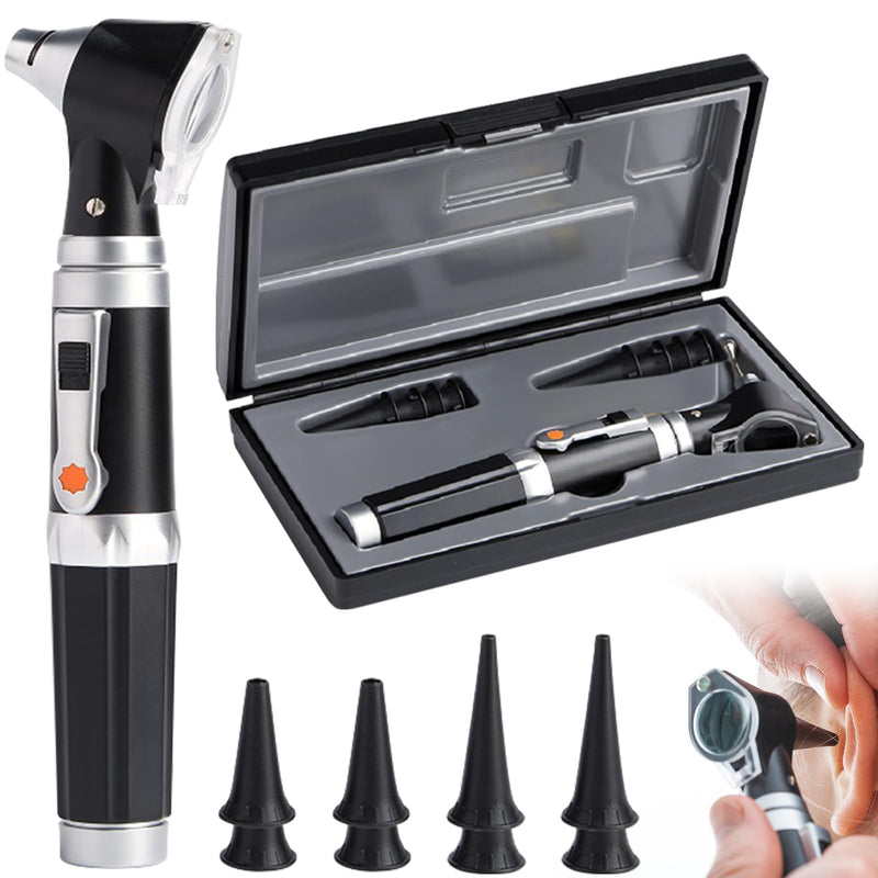 Otoscope with Light, Pocket Diagnostic Ear Infection Detector with Hard Plastic Case, 3x Magnification and 4 Speculum Tips Size, 8 Earplugs for Adults and Children and Pets (Black)
