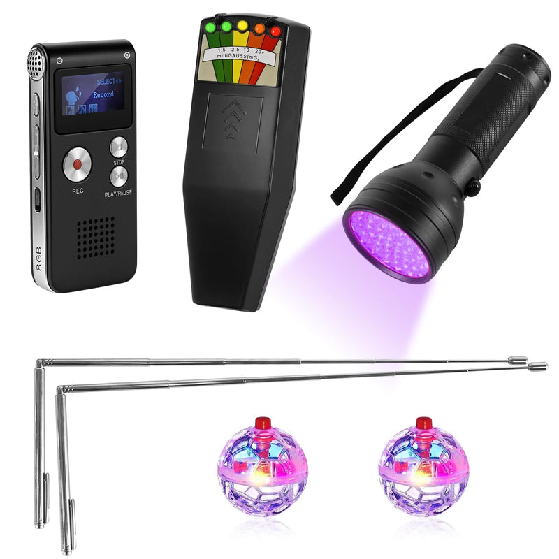 [Australia - AusPower] - 7-in-1 Ghost Hunting Equipment Kit for Paranormal Enthusiasts,Includes EMF Meter,EVP,Dowsing Rods,UV Light & Cat Balls-Novelty Set for Entertainment Use 