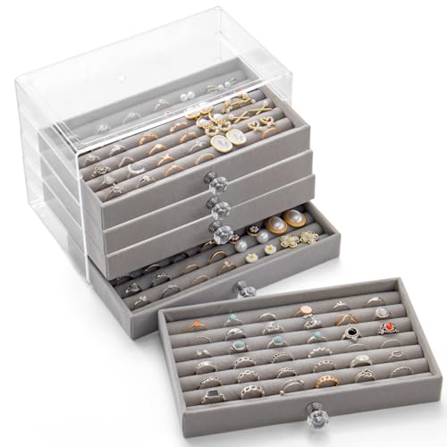 SPAKOWN Ring Box Display Holder, Clear Velvet Jewelry Storage Tray Organizer for Ring Stud Earring (Grey - 5 Drawers) Grey