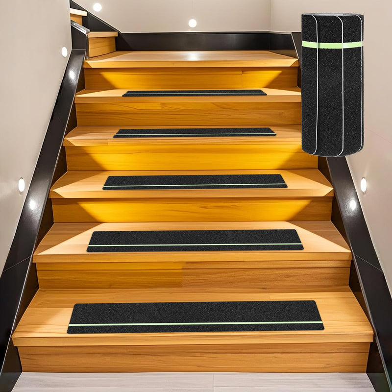 M METERXITY 5-Pack Anti Slip Traction Tape 24" x 6" Best Grip Tape Grit with 6mm/0.24" Glow in Dark Stripe High Traction Friction Abrasive Adhesive for Indoor/Outdoor Stairs[Black+Green]