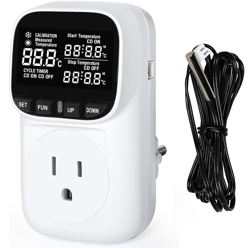 [Australia - AusPower] - Digital Thermostat Socket, Only Fahrenheit Countdown Temperature Controller 110~120V VA Display Heating Cooling Mode Timer with Sensor for Reptile Greenhouse Home Fermentation Home, -40℉~210℉ 