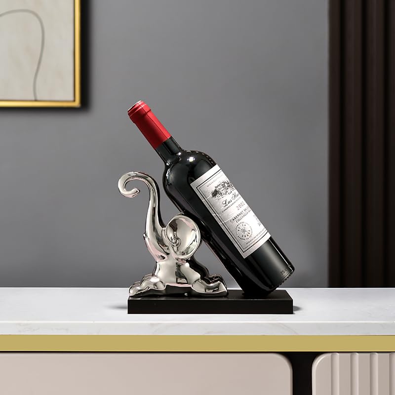 ELEGANTZ Modern Wine Bottle Holder – Decorative Elephant Design with Chrome Finish – Single Bottle Display Stand for Countertop, Bar, or Dining Table – Elegant Wine Rack with Black Base Silver