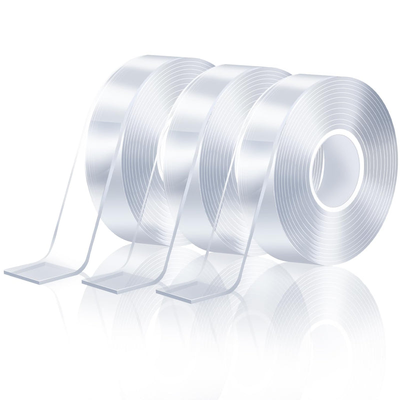 Clear Heavy Duty Double Sided Tape for Walls(Total 30FT),3 Rolls Strong Mounting Tape,Removable Two Sided Nano Tape for Picture Hanging Multifunctional DIY Adhesive Tape (0.8inch) 0.8inch