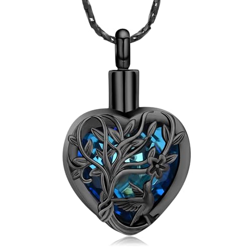 Imrsanl Tree of Life Cremation Jewelry Crystal Heart Urn Necklace Black-Blue
